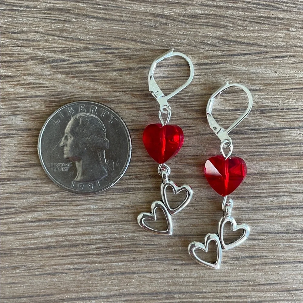 HAND CRAFTED RED CRYSTAL & DOUBLE HEART DROP EARRINGS Faceted Red Crystal Hearts